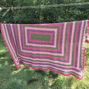 Vintage Handmade Crochet Afghan Pink Green Stripes Granny‎ Sofa Throw 65X51